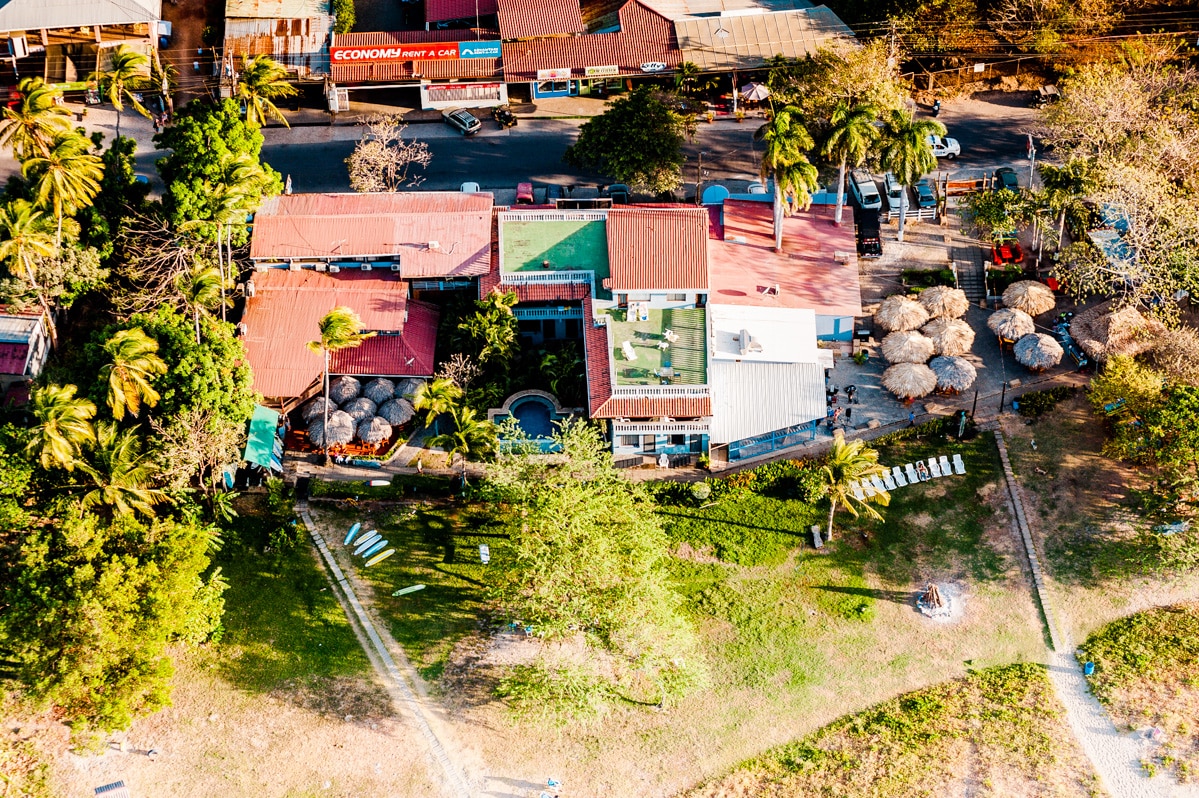 Witch's Rock Surf Camp from a bird's eye view. The bird is probably looking to make a swift landing on the Penthouse's rooftop balcony. Or maybe he's just waiting for the band at Vaquero. Either way, he picked the right place to hang out.