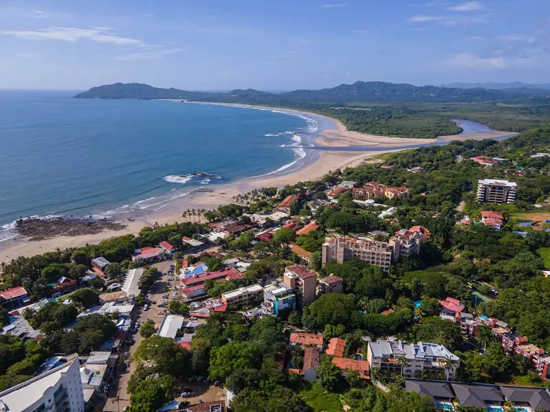 Aerial view of Tamarindo, Costa Rica showing the beach, town, and coastline